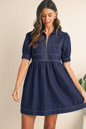 Women Short Dresses | Dirty Blue Puff Sleeve Half Zipper Denim Flowy Dress
