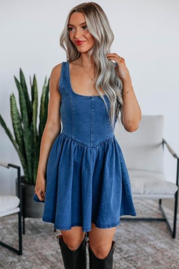 Women Short Dresses | Sail Blue Bowknot A-Line Sleeveless Denim Dress
